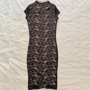 Black flower Lace high neck Cap Sleeve Midi dress